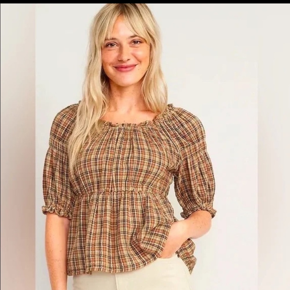 Old Navy plaid tartan puff sleeve blouse